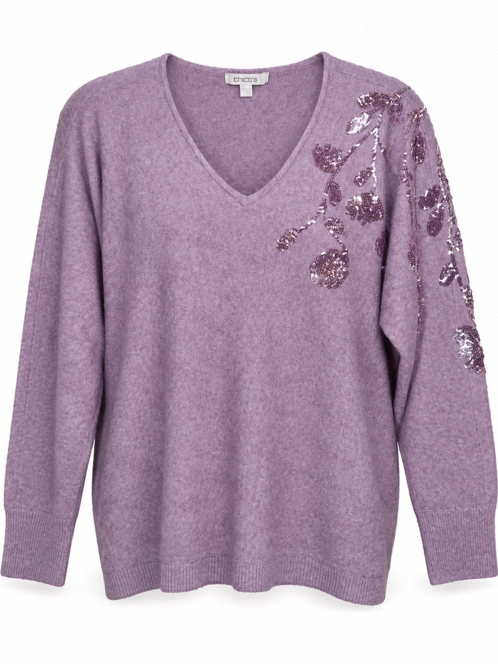 Chico's Lavender V-Neck Sweater with Sequin Floral Shoulder - Picture 4 of 7